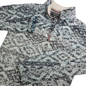 True Grit Tribal Sherpa Fleece Pullover Quarter Zip Blue Frosty Tipped M‎ Medium